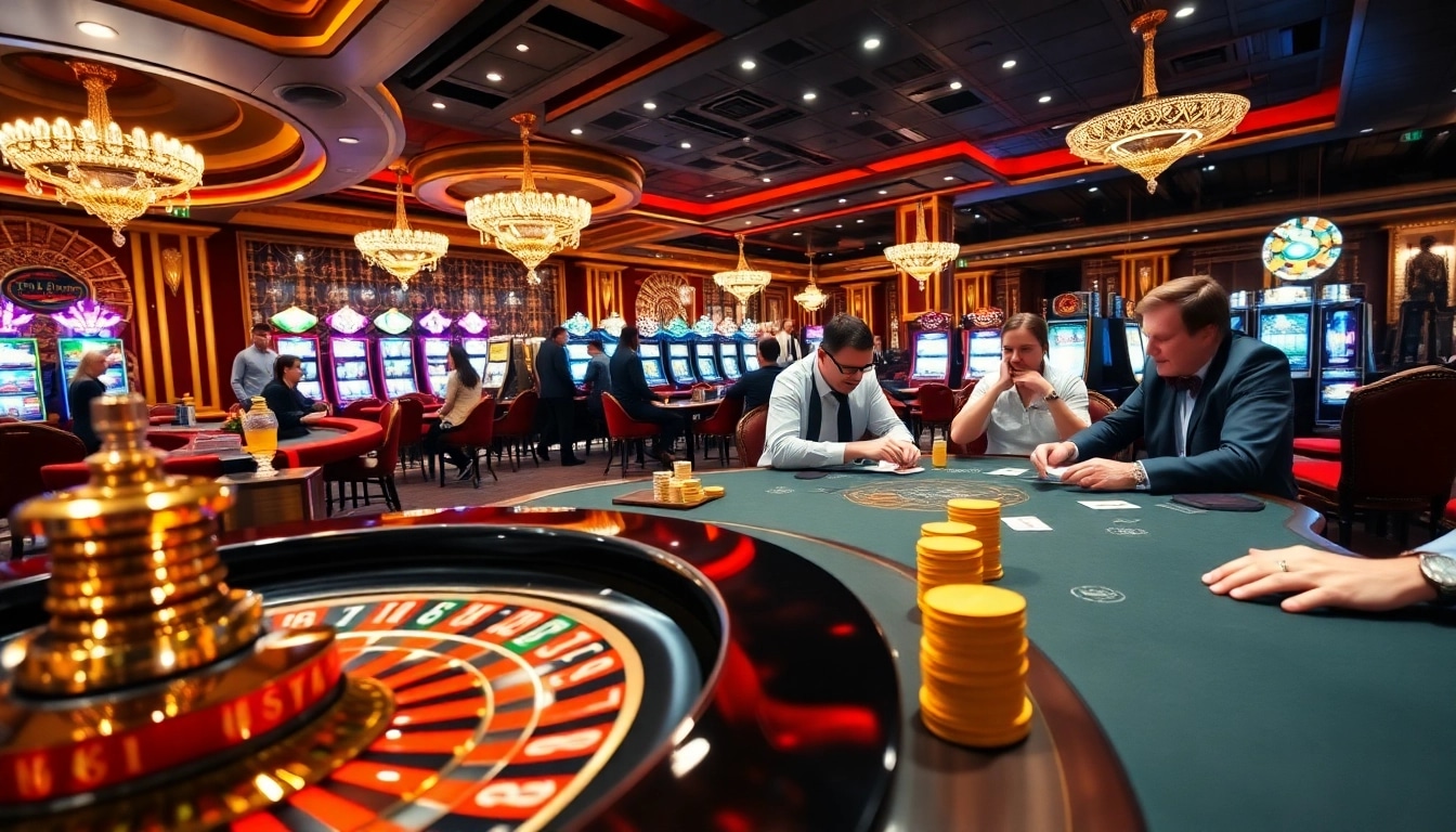 Experience the excitement of LUCK8 with vibrant casino gaming tables and players strategizing.