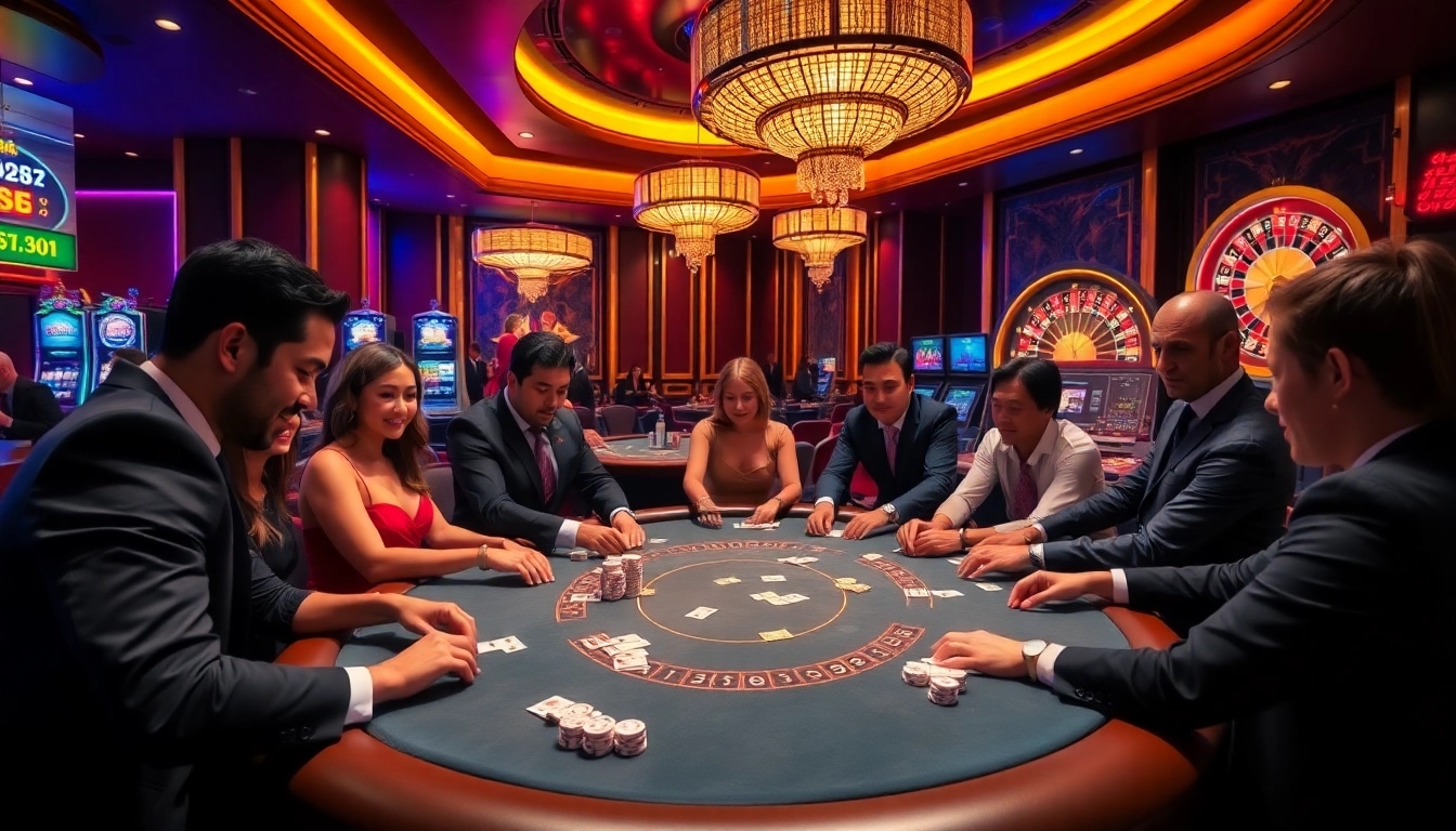 Man88 gamblers enjoying an intense poker game in a luxurious casino setting.