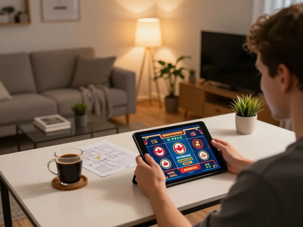 Engaging gaming scene showcasing online casinos Canada on a tablet with strategy notes in a cozy home.