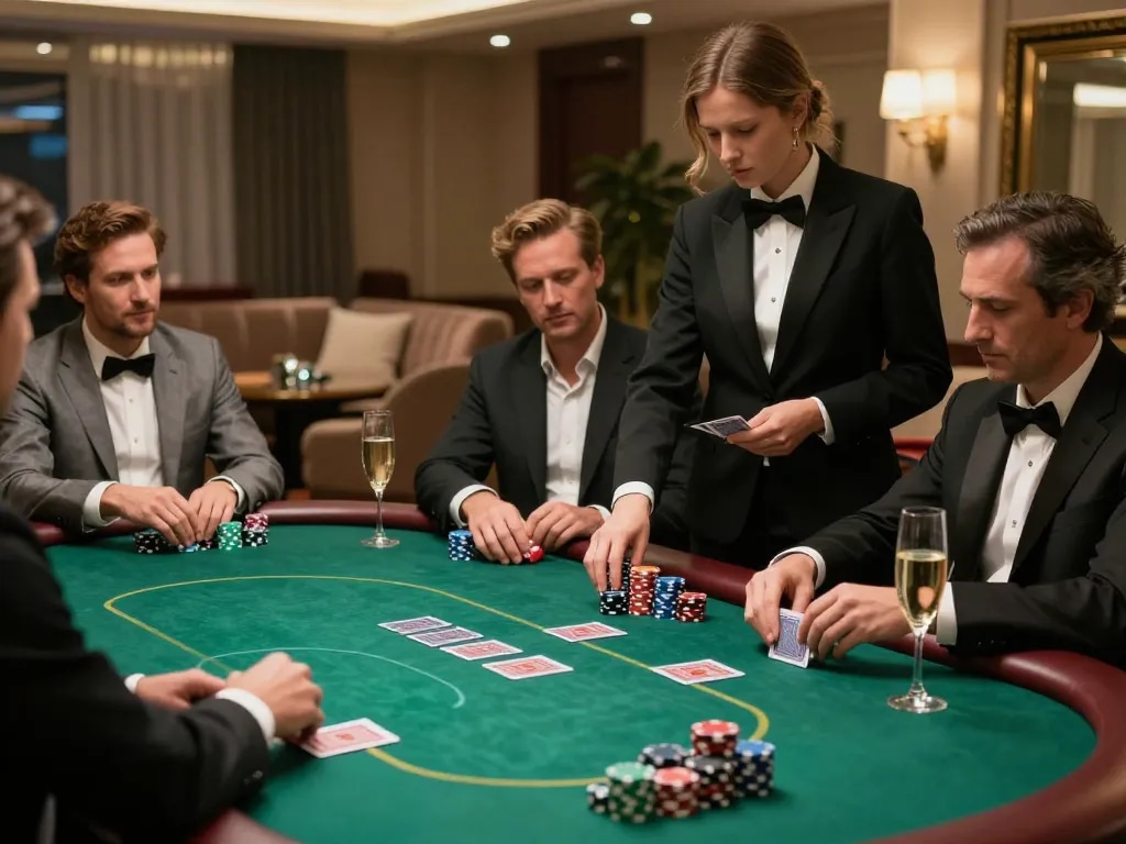 Vipwin high-stakes poker game in an exclusive casino VIP room with dealer and players engaged