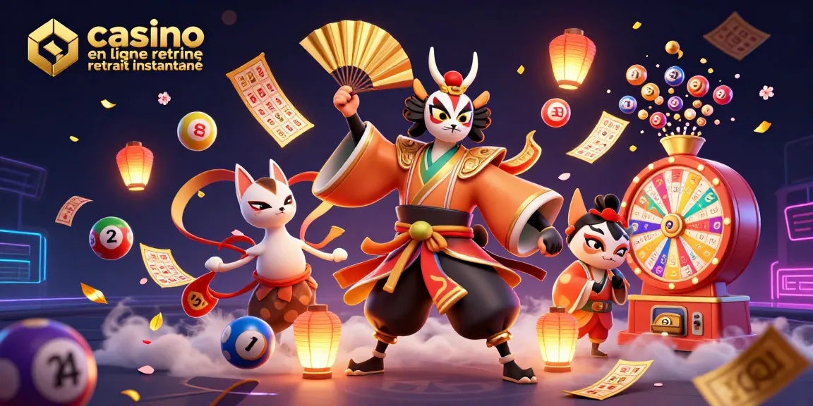 Plongez dans l'univers du casino en ligne retrait instantané avec un guerrier kabuki et des éléments de jeu dynamiques.