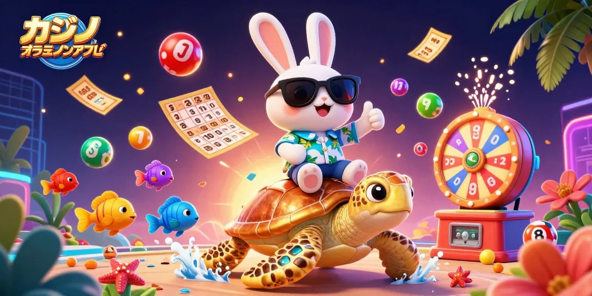 カジノオンライン アプリをテーマにした賑やかな3Dイラストで、幸運のウサギと金のカメが描かれています。