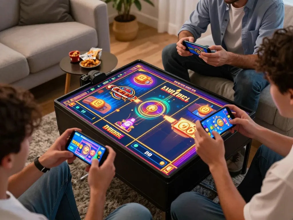 Online gaming excitement with players enjoying BUKA77 slots on smartphones in a cozy living room.