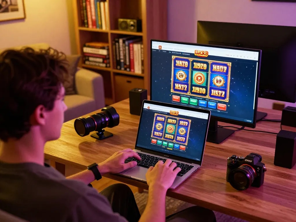 Luck8 player engaging with online slots, showcasing excitement in a cozy gaming setup.
