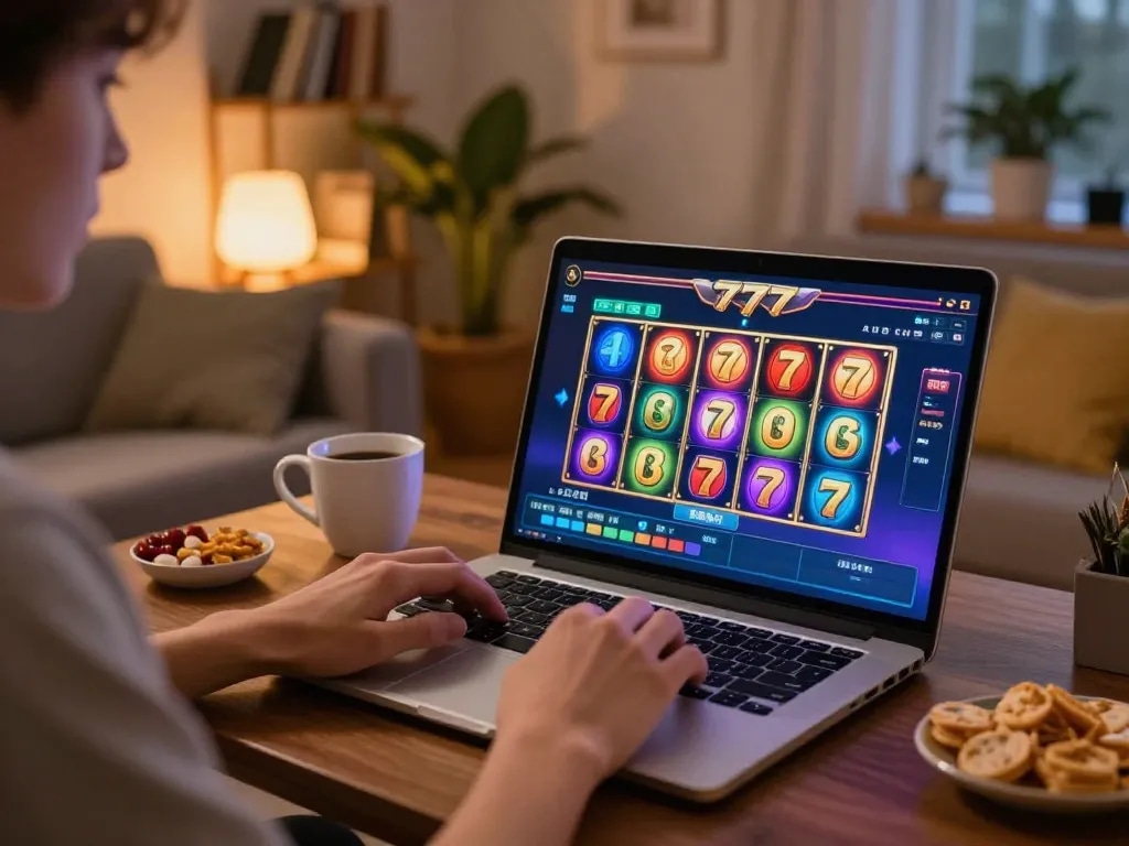 Engaging home player spinning reels on slot77, showcasing dynamic online gaming experience