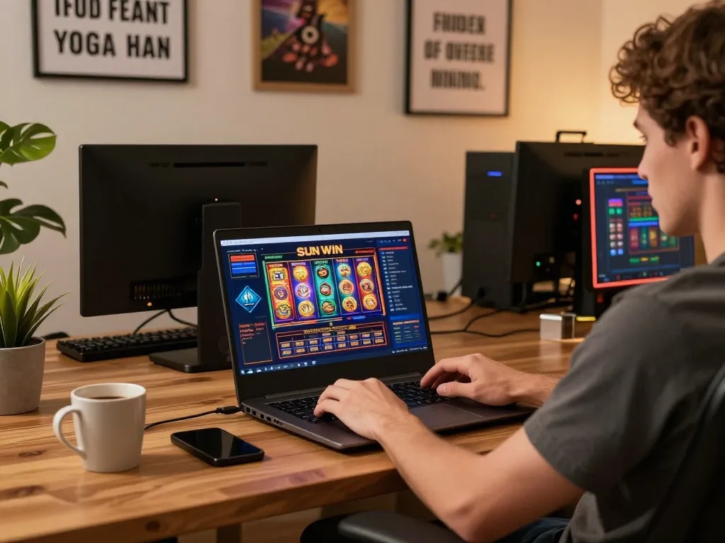 SUN WIN online gaming excitement as player engages with vibrant slot machines on laptop.