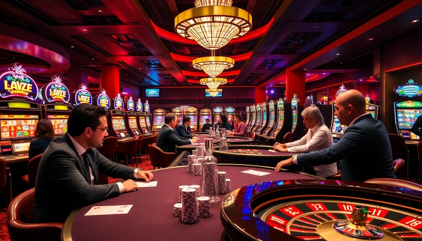 Players enjoying exciting games at https://jogoluck.br.com/, with vibrant slot machines and poker chips on display.