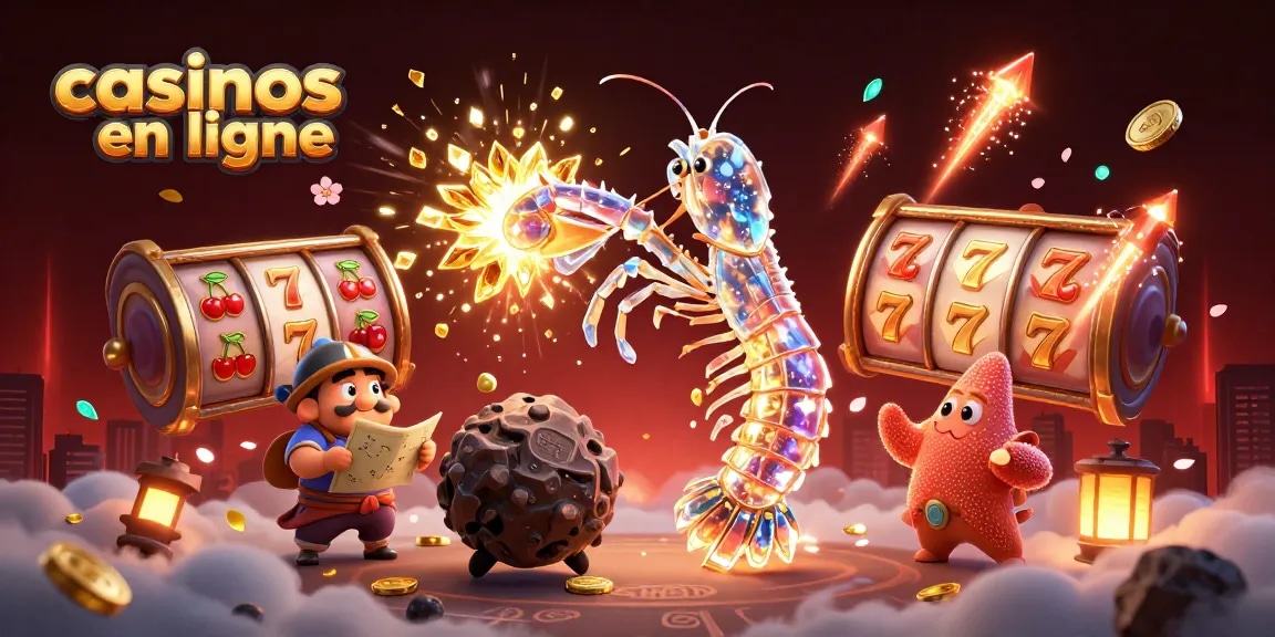 Images captivantes de casinos en ligne animés avec des caractères et des éléments de jeu.