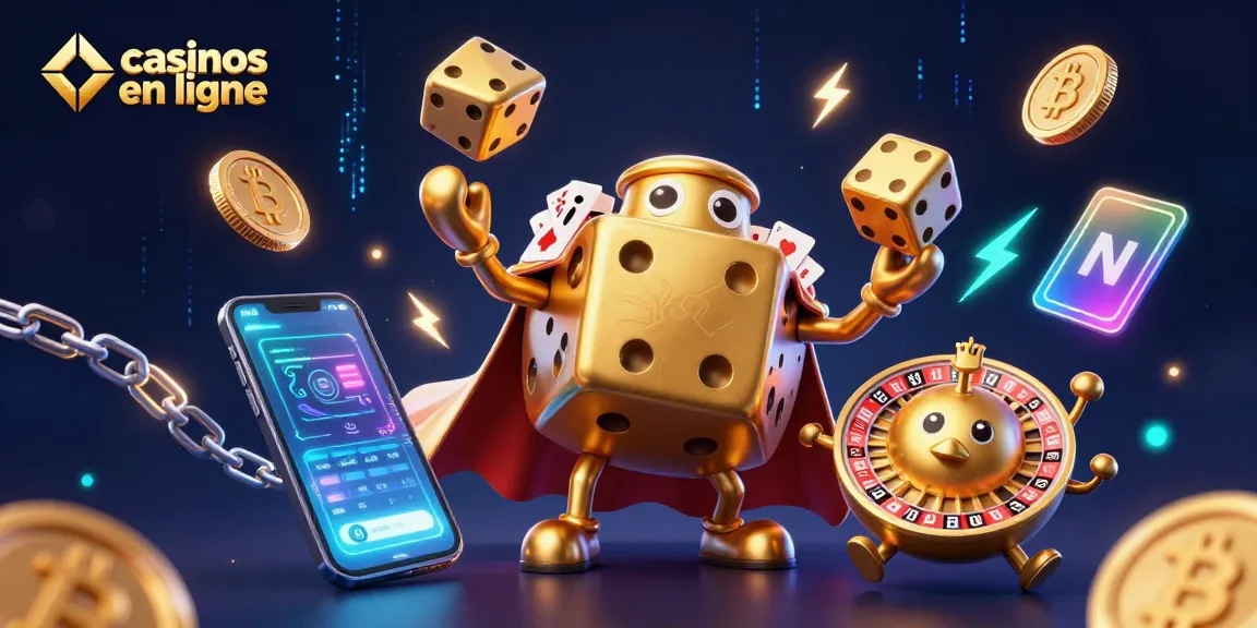 Jouez aux casinos en ligne avec un golem de dés dorés, entouré de crypto-monnaies.
