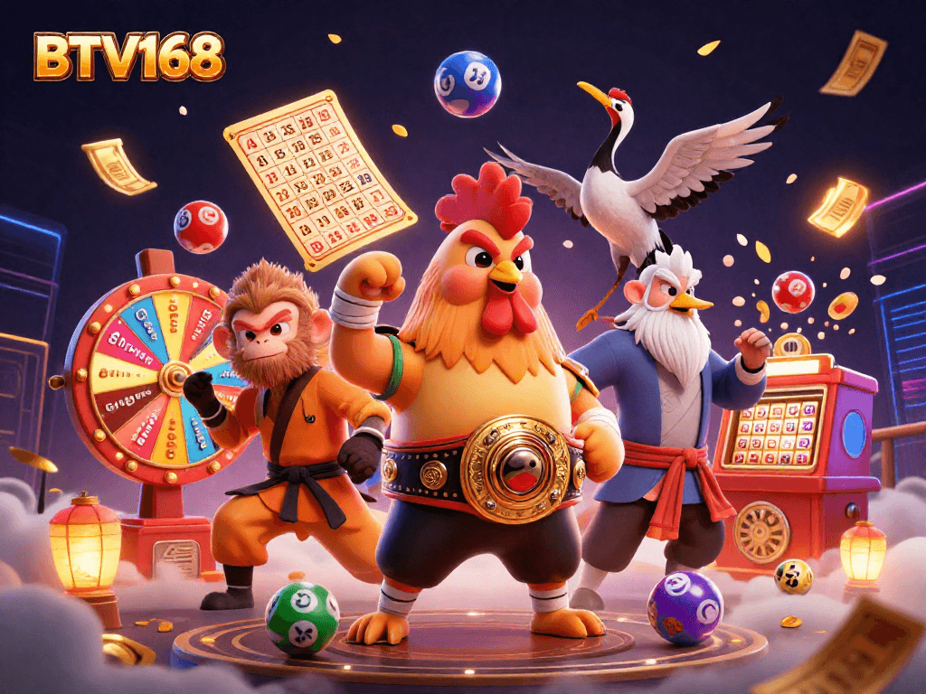 Experience BTV168's thrilling gaming atmosphere with Muay Thai rooster and vibrant game elements.