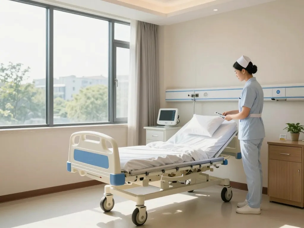 Adjusting giường bệnh nhân in a serene medical environment, ensuring patient comfort and care.