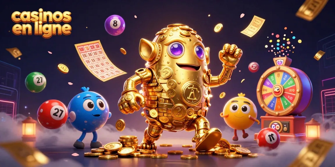Jouez aux casinos en ligne avec ce golem doré entouré de ballons colorés et d'effets dynamiques.
