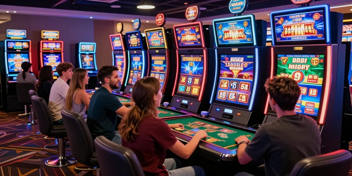 Exciting gaming experience at credit card casinos at https://bhma.org.uk, showcasing enthusiastic players and vibrant slot machines.