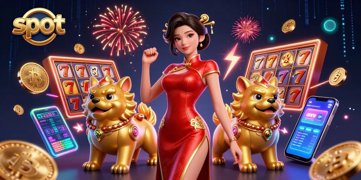 Spin the slot reels with a glamorous woman amidst lively casino elements.
