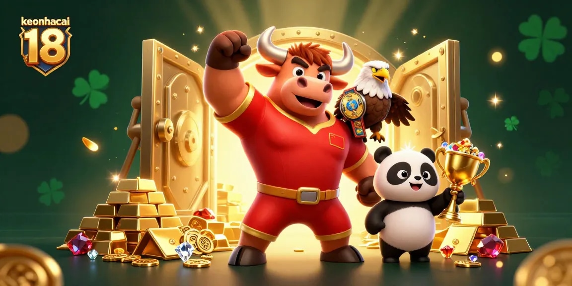Betting glory awakens with keonhacai 18 as the bull mascot celebrates victory in a vibrant casino scene.