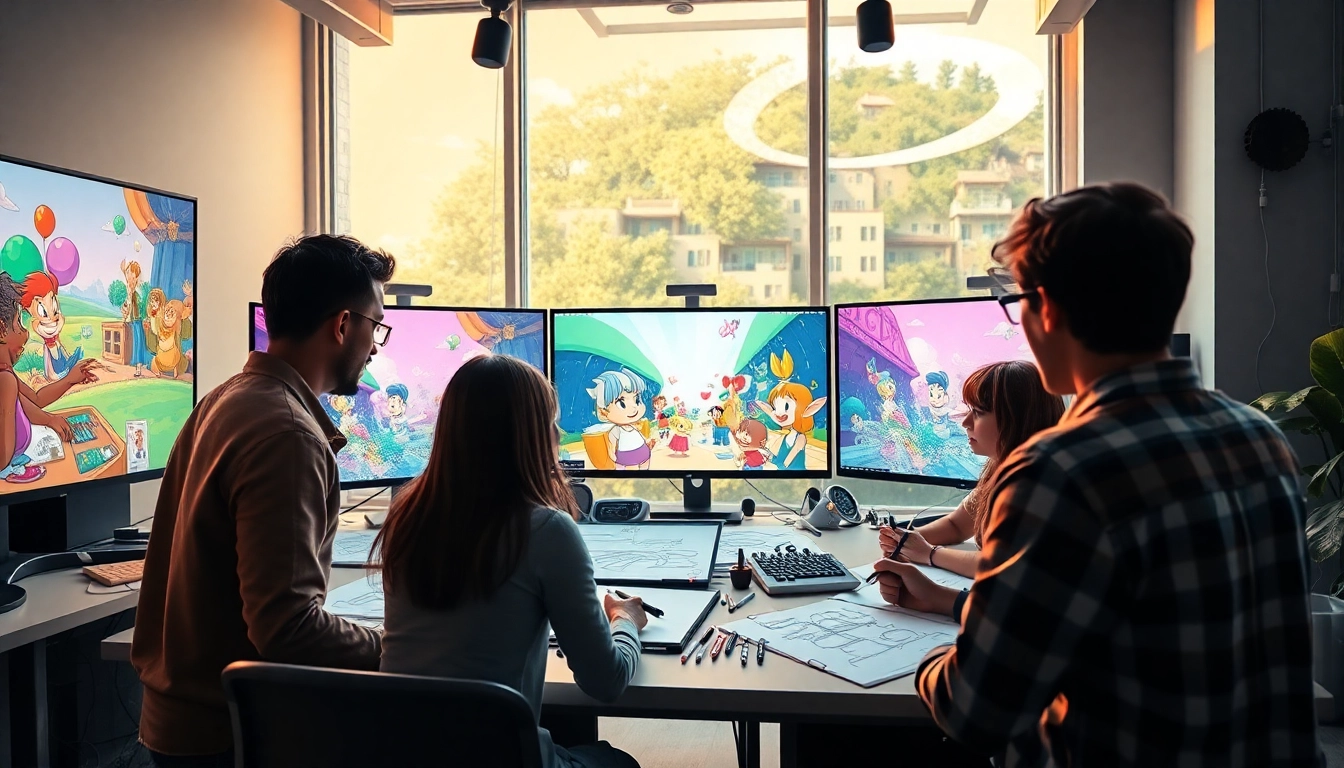 Animationsstudio kreativer Prozess mit einem engagierten Team in einem hellen, einladenden Arbeitsbereich.
