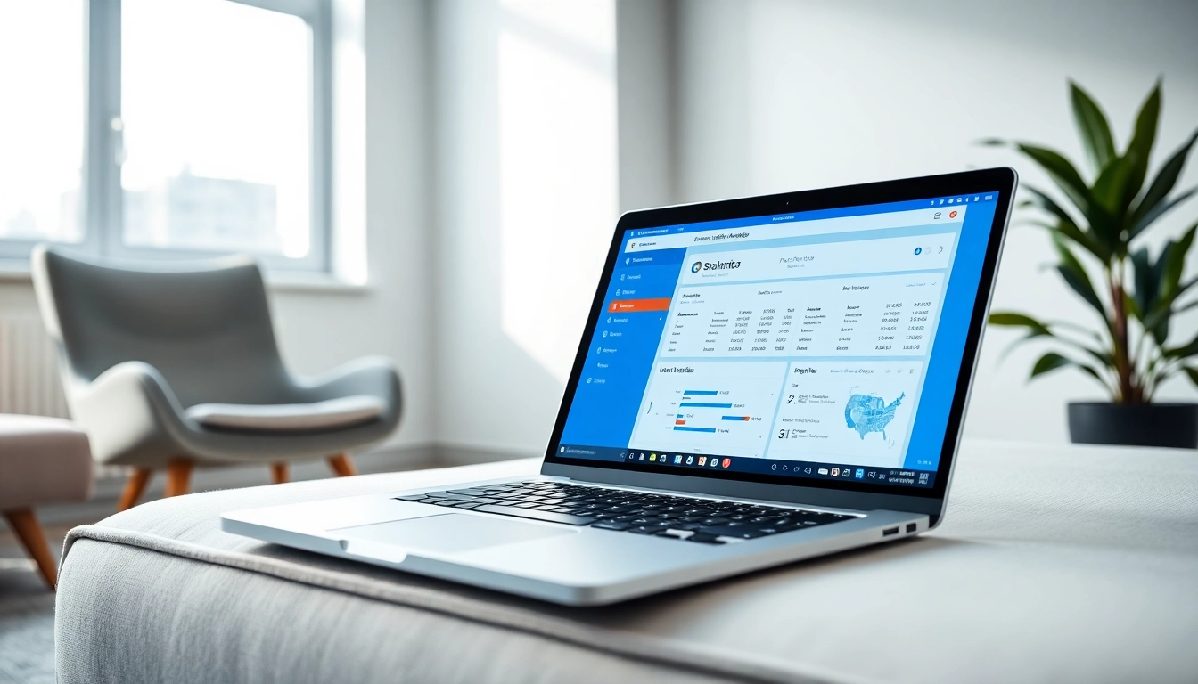 Showcase a sales navigator scraper tool interface on a laptop in a modern office.