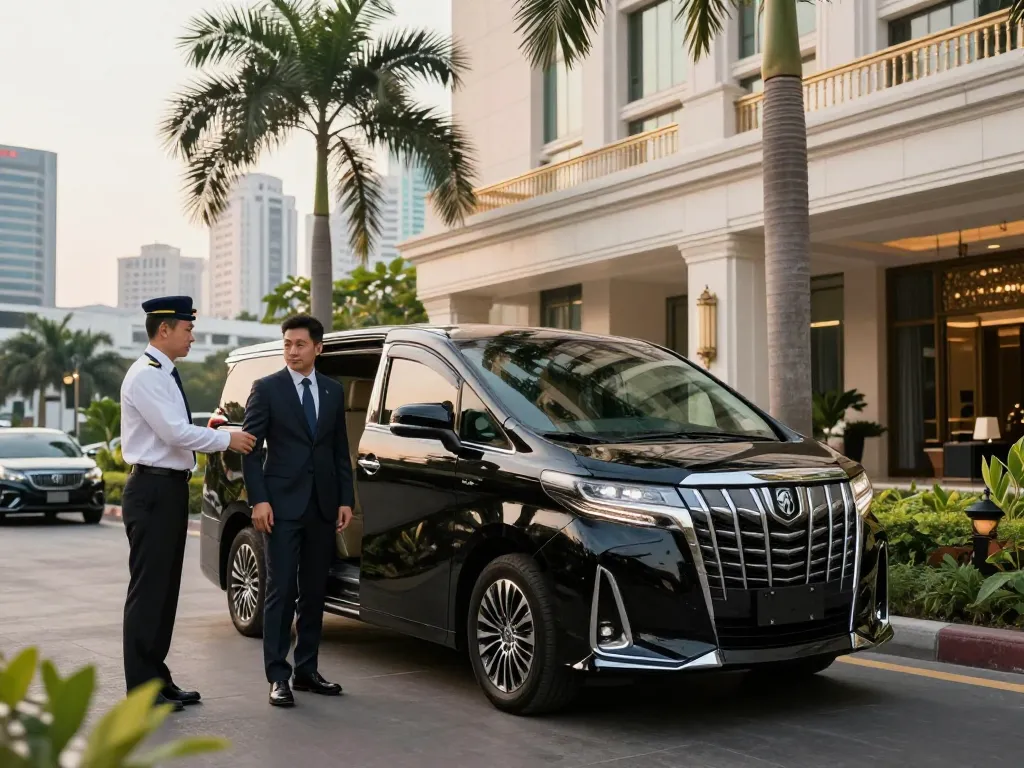 Dịch vụ cho thuê sang trọng cho thuê xe Alphard tại Hồ Chí Minh, với tài xế chuyên nghiệp và bối cảnh khách sạn thanh lịch.