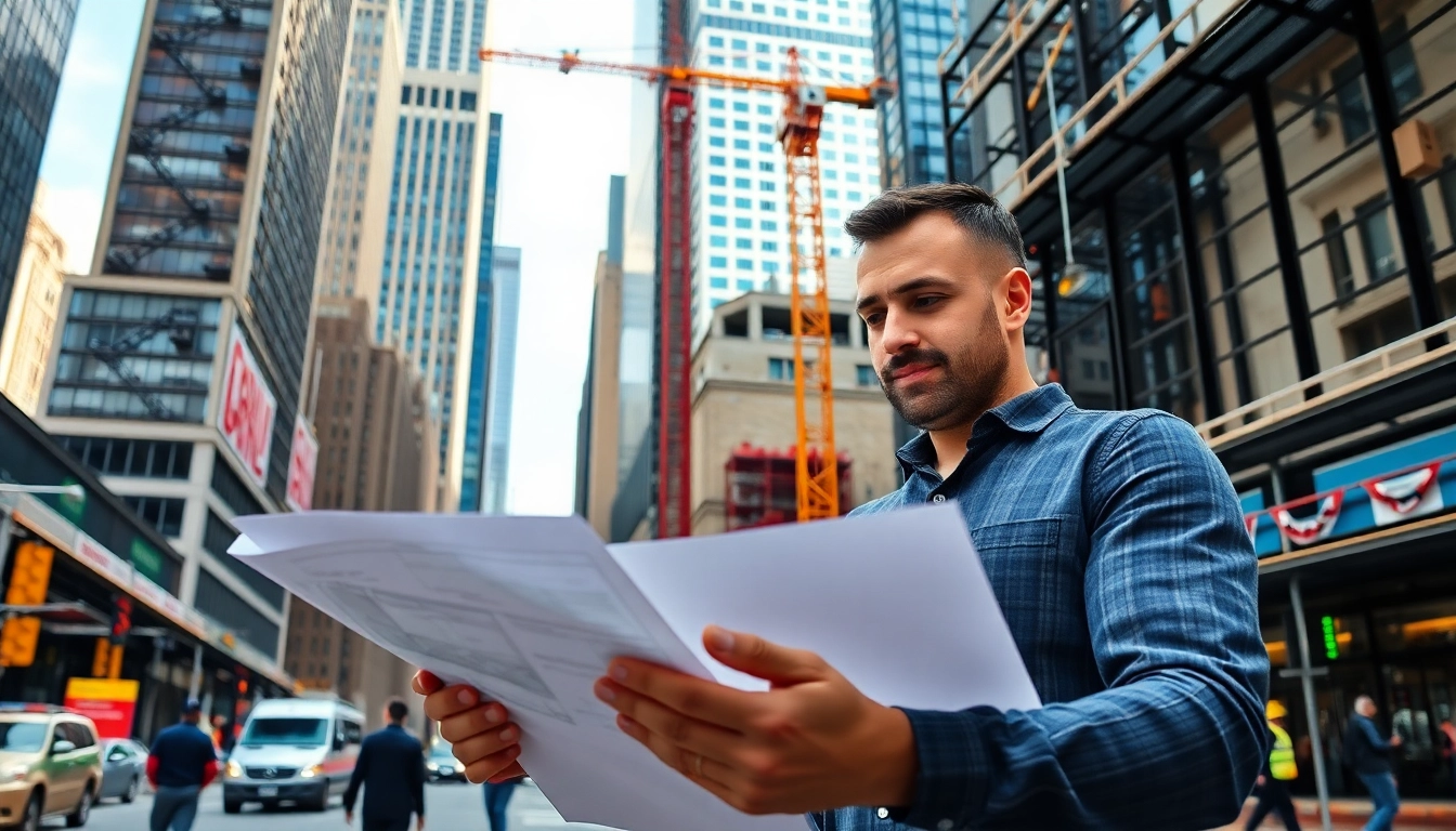 New York City Construction Manager analyzing construction plans amidst urban development.