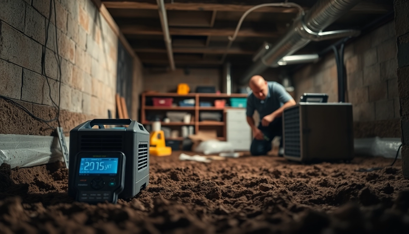 Crawl Space Restoration process with professionals inspecting and repairing moisture barriers in a basement.