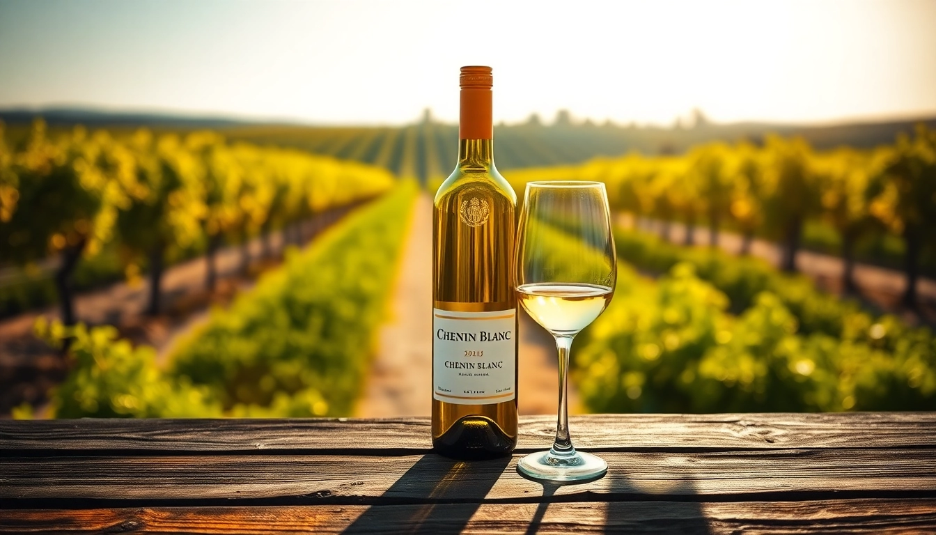 Pouring Chenin Blanc into a glass, showcasing its golden hue and vineyard backdrop.
