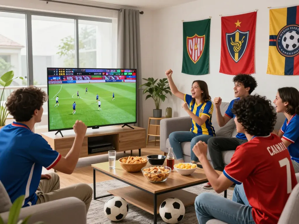 Friends enjoying a thrilling football match on Cà khịa tv in a lively living room setting.