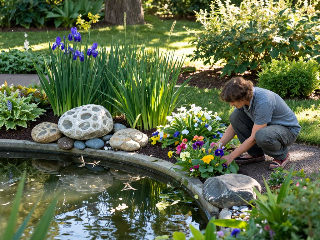 Buy Marginal Pond Plants including colorful flowers and lush greenery in a serene garden setting, promoting aquatic gardening.