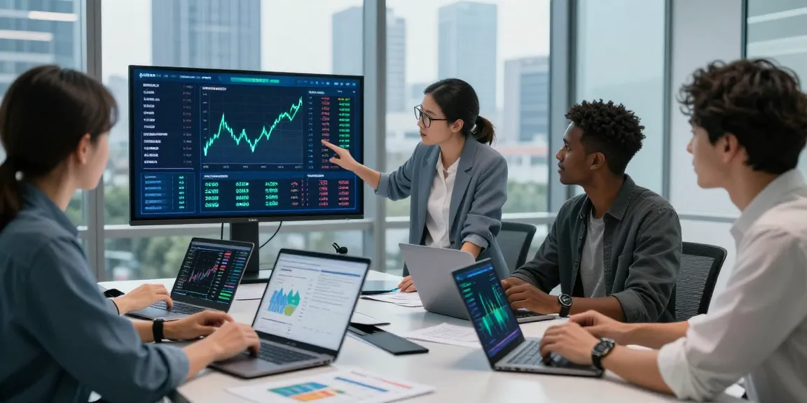 Interactive crypto price tracker dashboard displayed in a modern office setting, showcasing real-time data analysis and team collaboration.