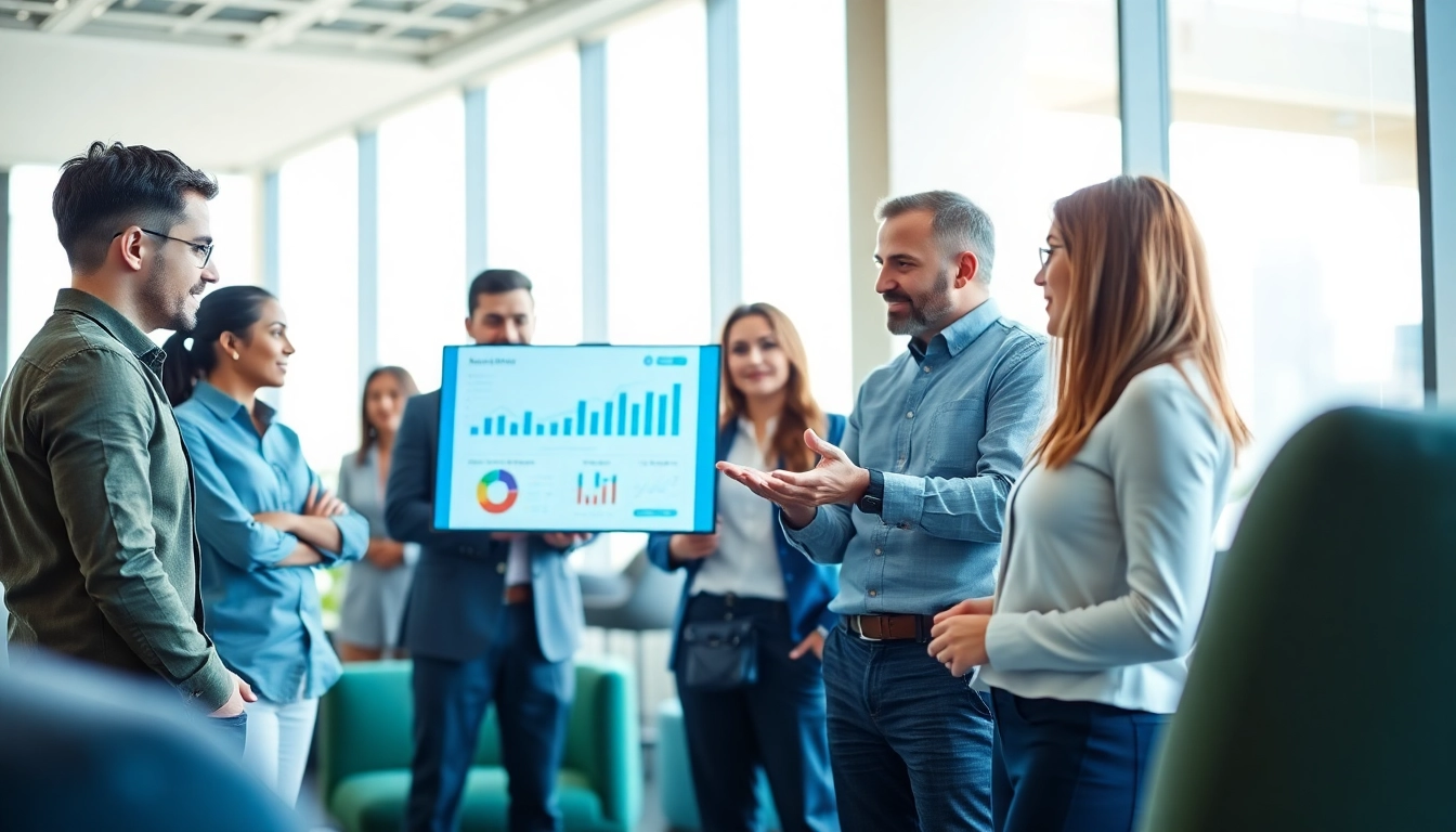 Engaged team discussing enterprise search solutions in a modern office environment.
