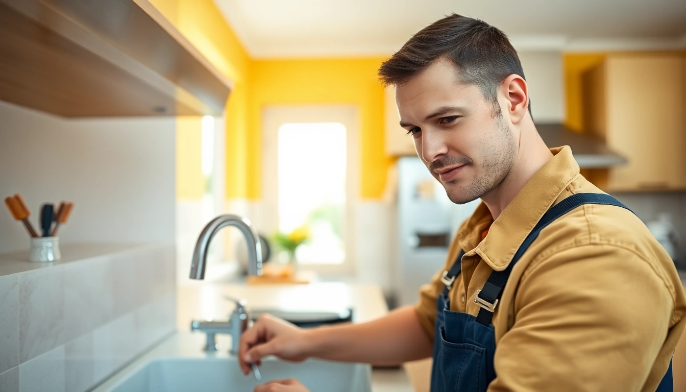 Plumber near me fixing a kitchen sink in a warm, inviting home setting.