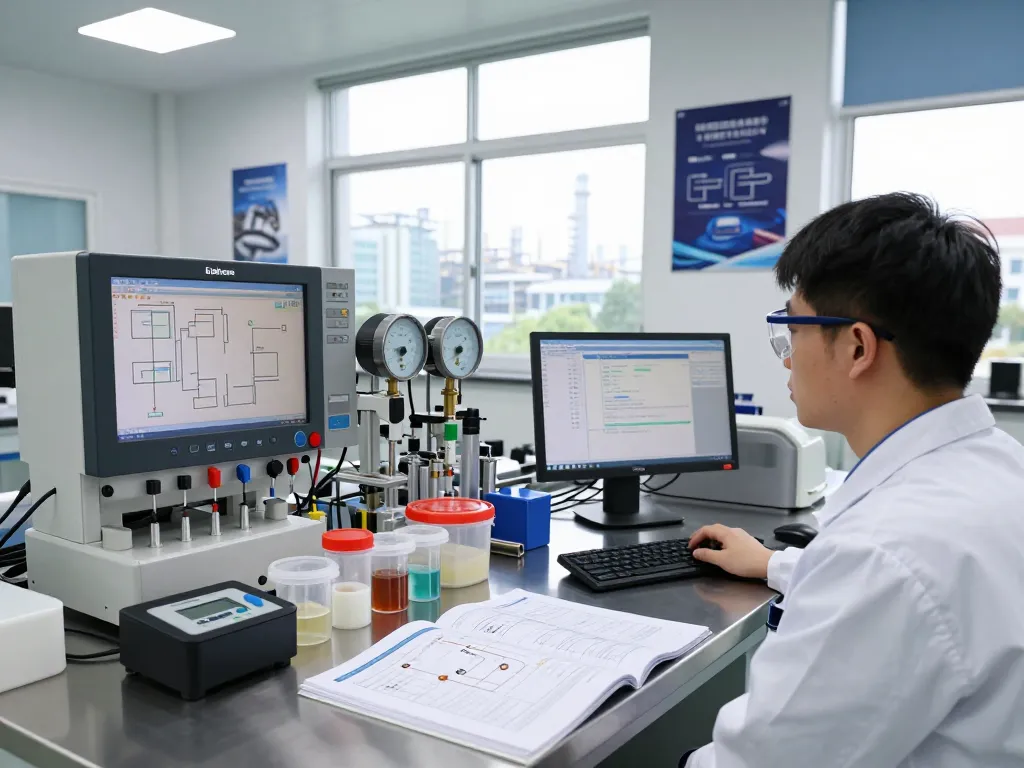 Endress hauser technician calibrating instruments in a modern industrial laboratory setup.