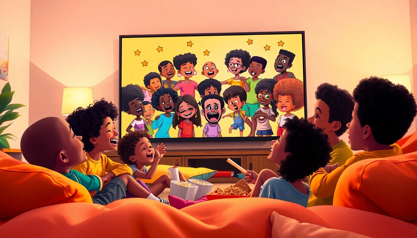 Children joyfully watching African American cartoons, showcasing diversity and fun.