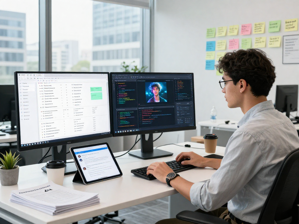 AI image detector workspace with data analyst reviewing AI-generated media in modern office.