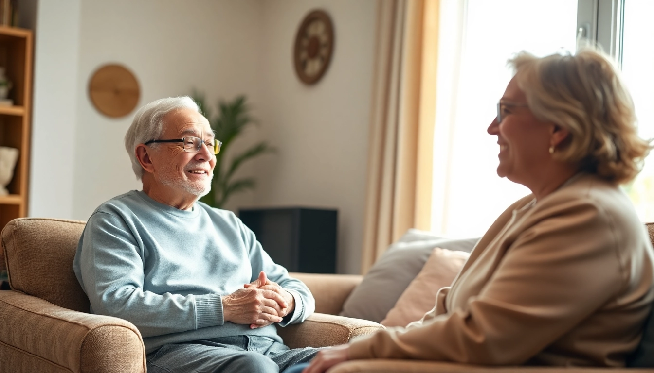Elderly in home care near me, caregivers warmly interacting with seniors in a cozy living room.