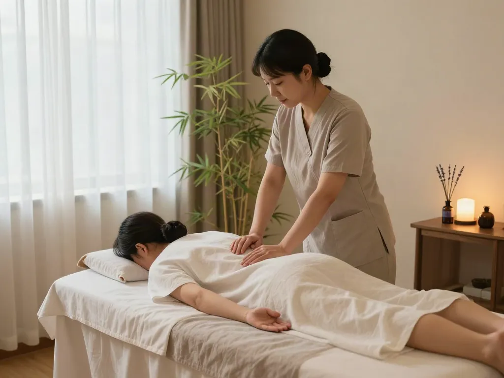 Relaxing 별내출장마사지 session in a serene, inviting wellness studio.