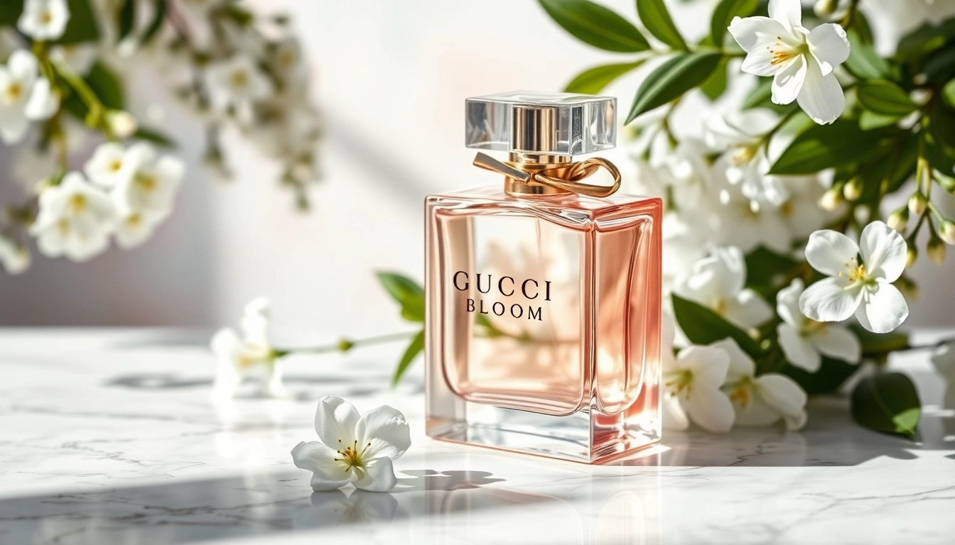 Gucci Bloom perfume bottle adorned with white flowers, presenting a luxurious fragrance experience.