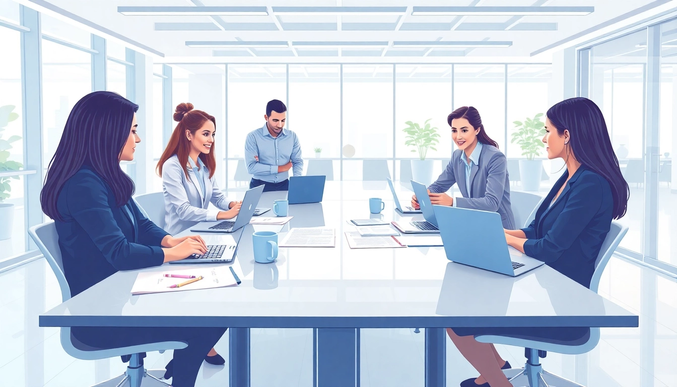 Engaging professionals collaborating on US business services in a modern office setting.