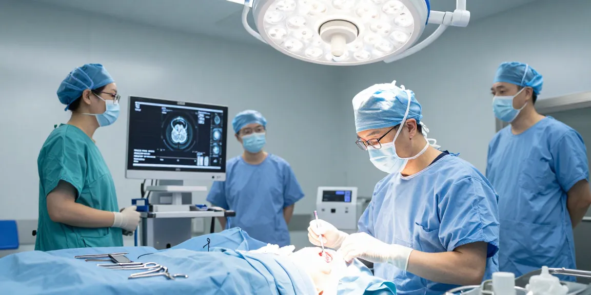 Preparing for beyin tümörü ameliyatı, a neurosurgeon examining brain scans with surgical tools in a clinical setting.