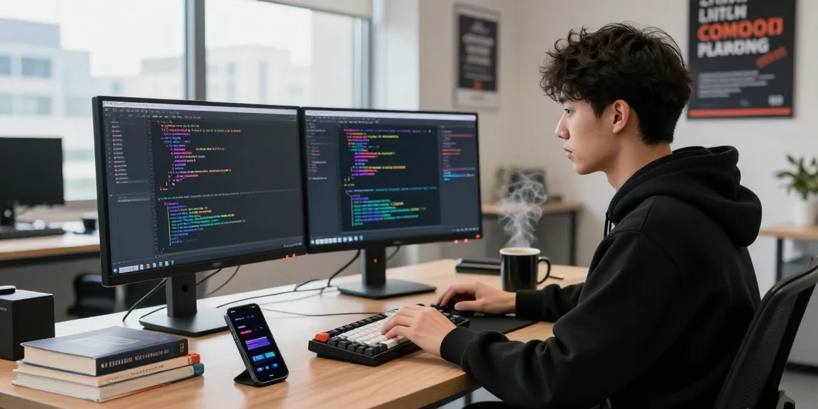 Engaging tech workspace showcasing a developer coding with dual monitors, emphasizing 纸飞机中文版 digital communication.