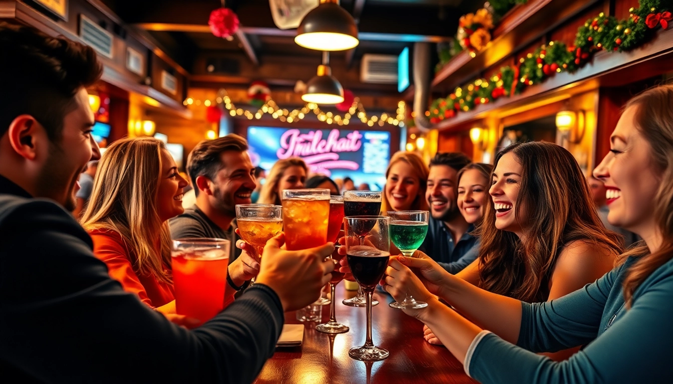 People celebrating why do we say on the lash at a lively pub, toasting with drinks.