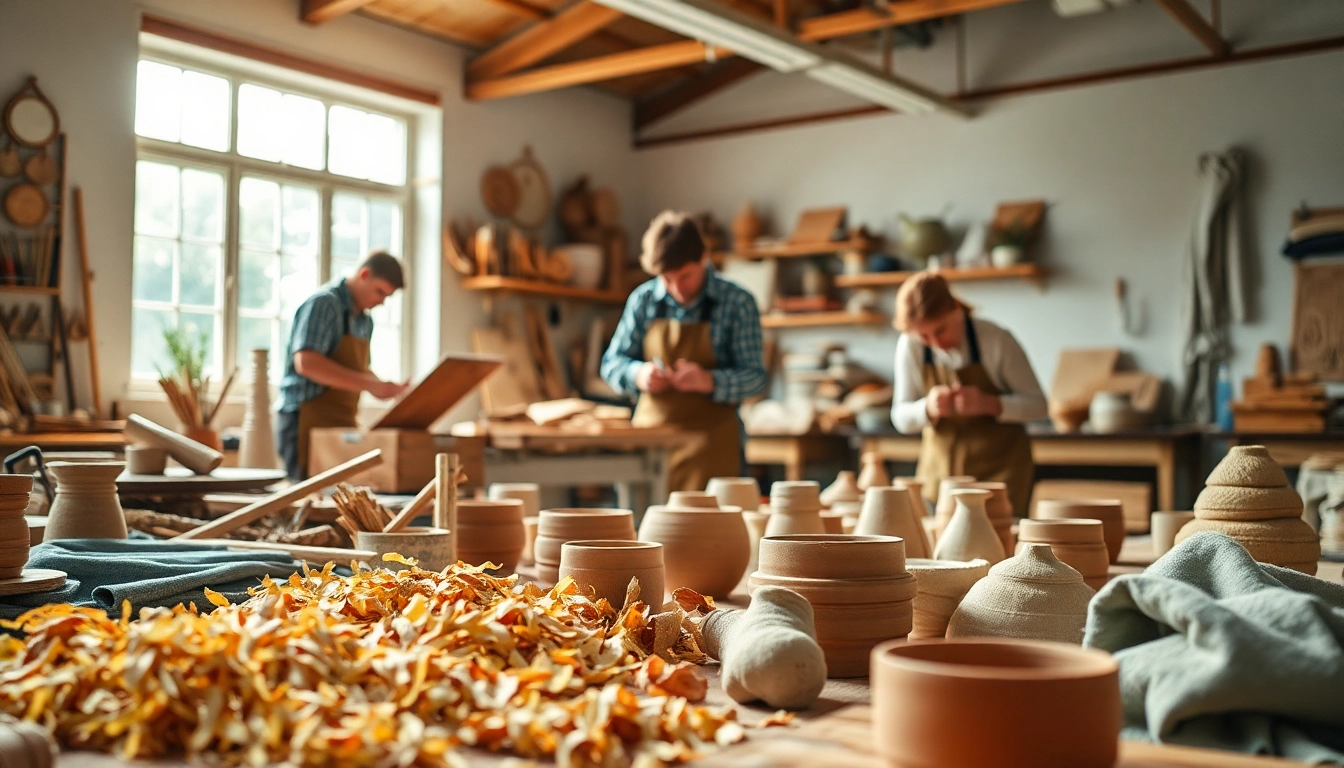 Engaged artisans demonstrate craft training programs in a bright studio, showcasing hands-on creativity.