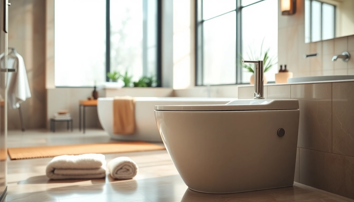 Bidet elegante e moderno in un bagno di lusso con dettagli raffinati e luce naturale.