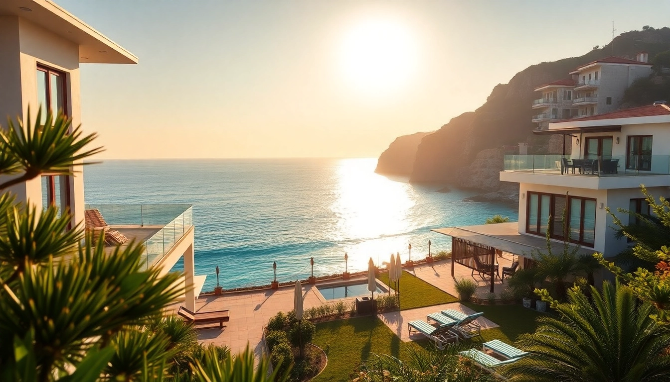 Showcasing a luxurious property for sale in real estate Alanya, with beachfront views and stunning sunset.