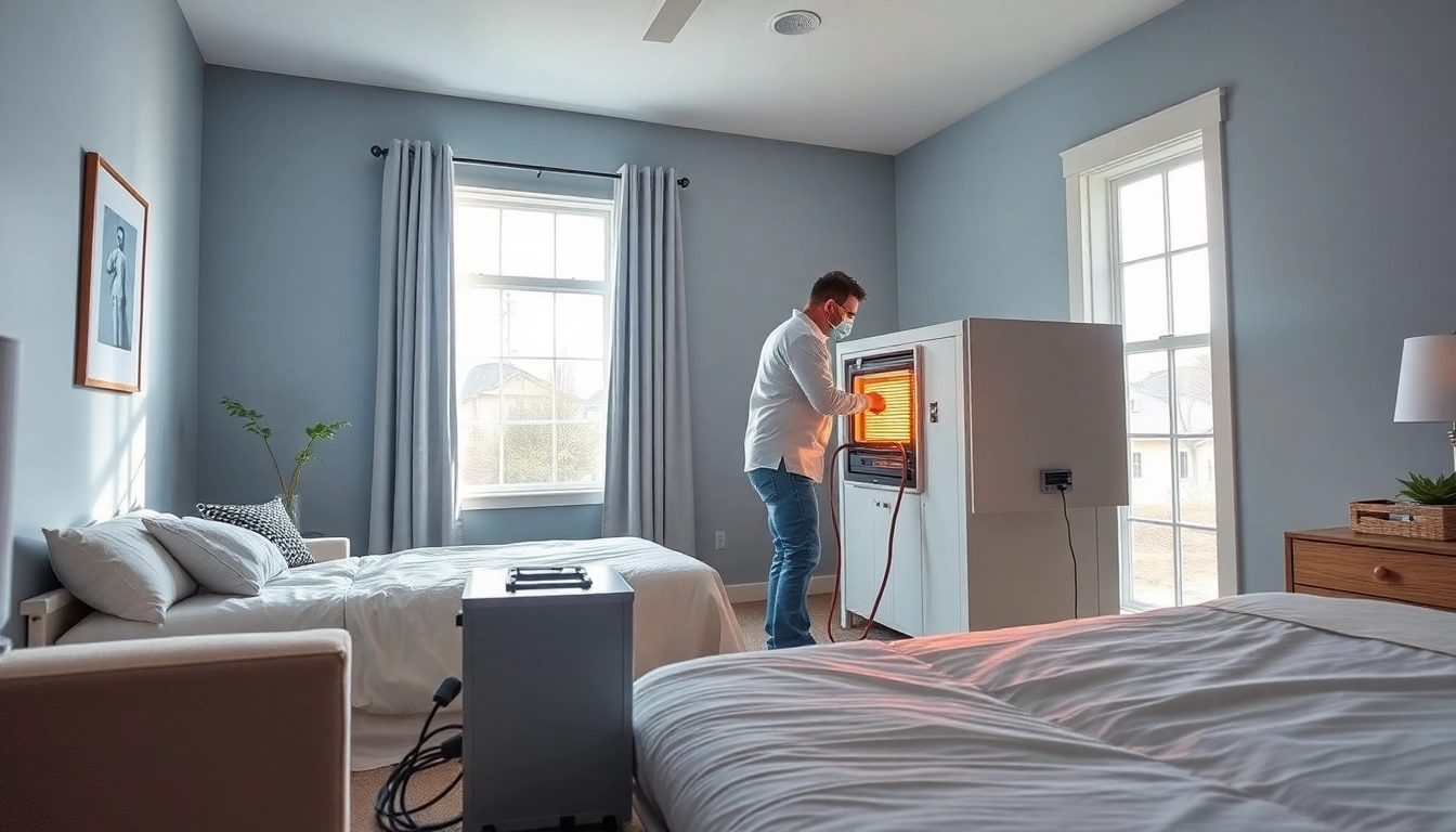 Performing a bed bug heat treatment demonstrating effective pest control techniques.