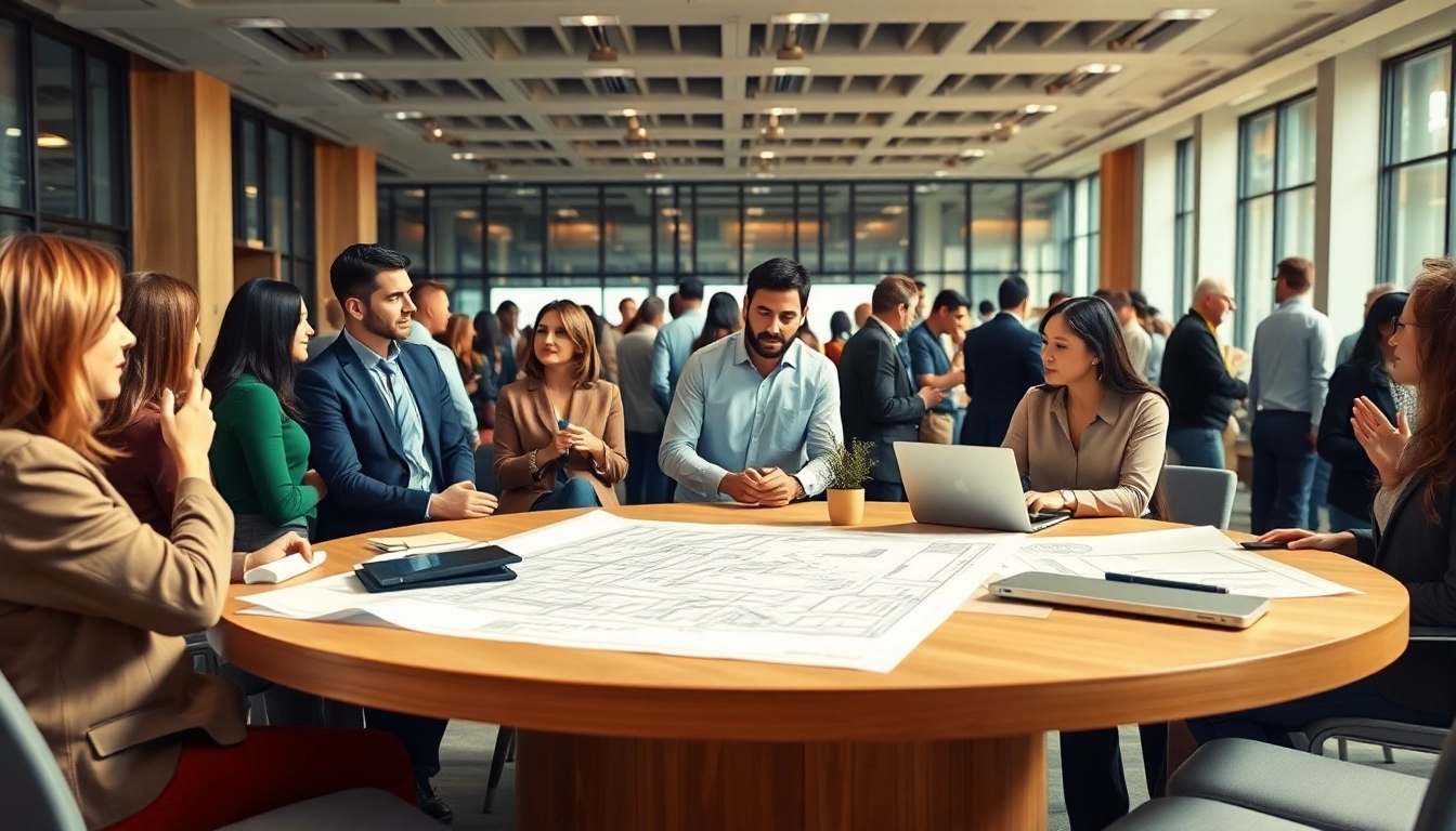 Engage in construction networking events with professionals discussing blueprints and ideas.