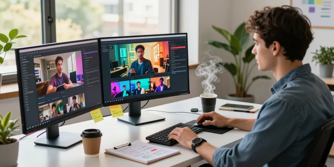 Engaged professional using video to prompt technology in a modern workspace, showcasing AI-generated video prompts on a vibrant screen.