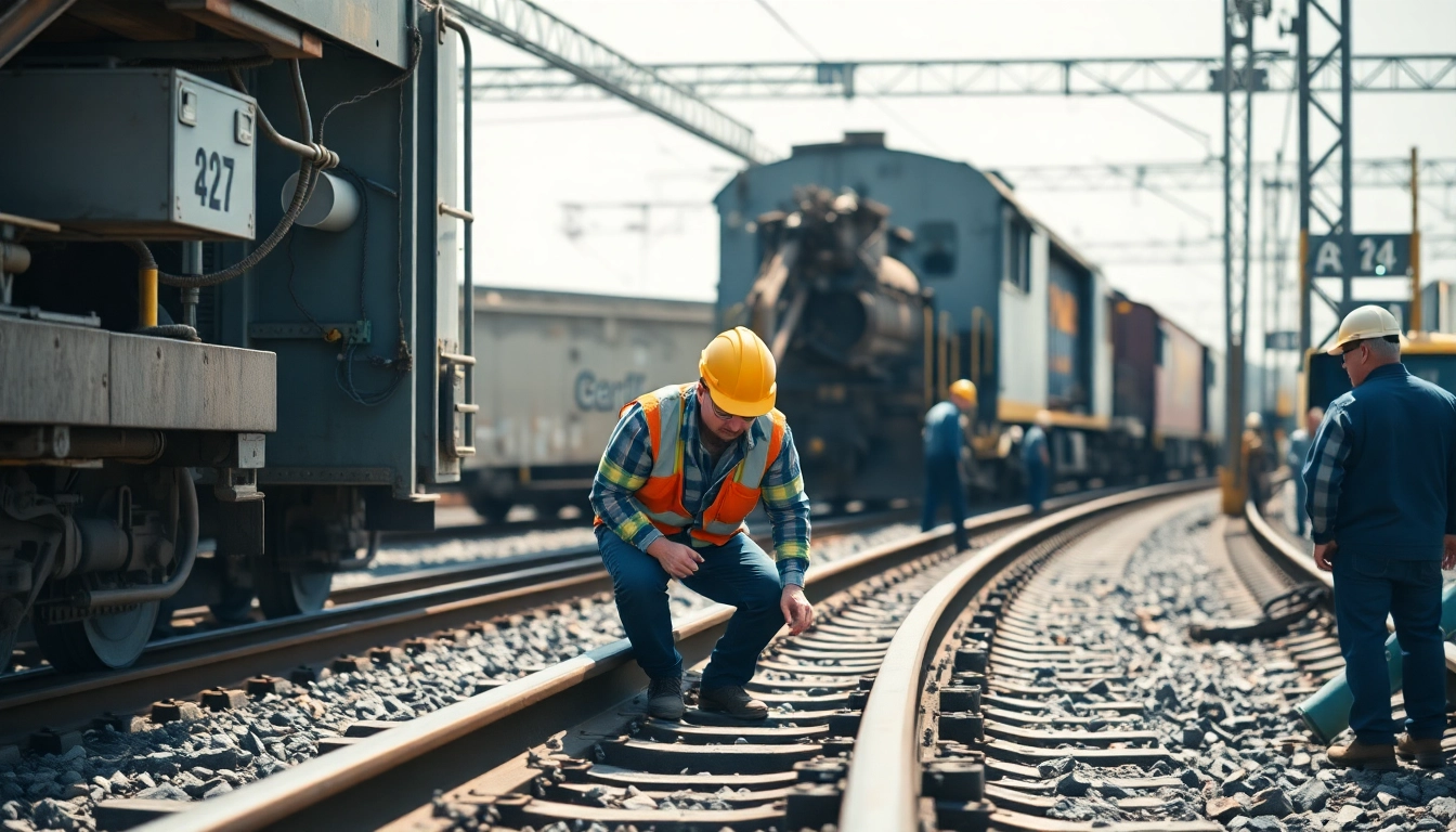 Workers conducting derailment repairs on railroad tracks under bright, natural lighting.