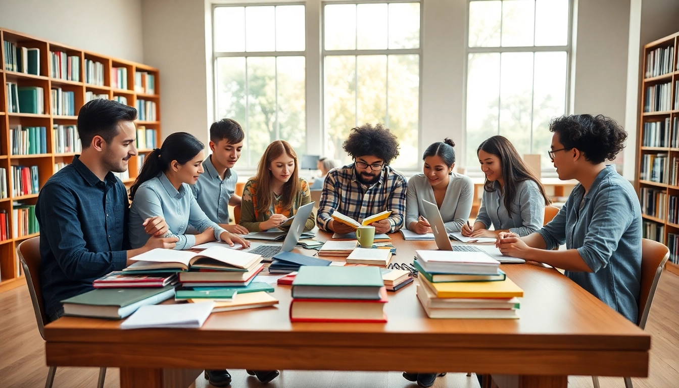 Students collaborating in a bright library, exemplifying the vibrant exam assistance industry.