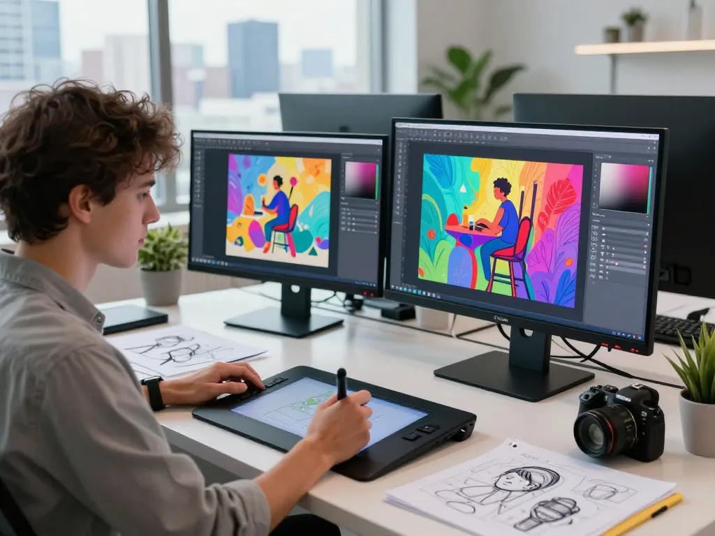 Designer creating AI-Generated Images in a vibrant digital art studio.