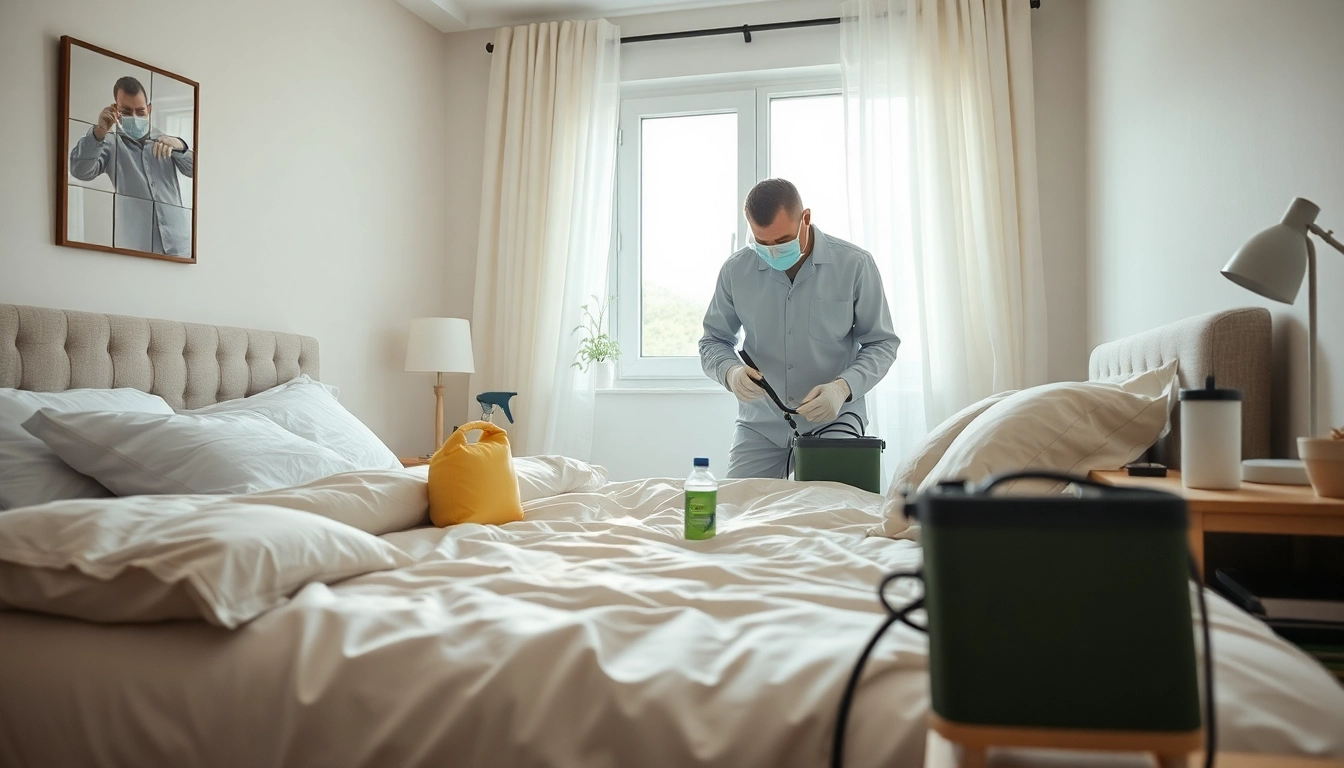 Effective bed bug treatment in action by a professional in a cozy bedroom setting.